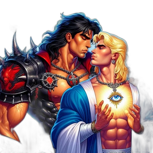 sword, comic book art, fantasy art, concept art, pixel art, fire, two, men transparent PNG cut-out