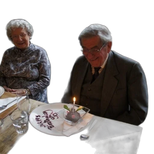 elderly, couple, sits, table, cake, has, word, written transparent PNG cut-out
