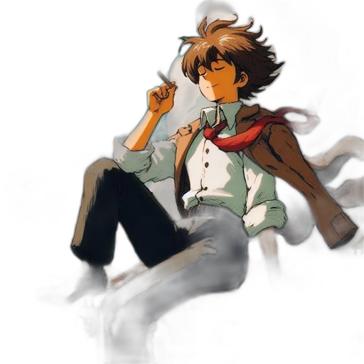 jacket, staff, concept art, watercolor, pixel art, anime, fog, earth tones transparent PNG cut-out