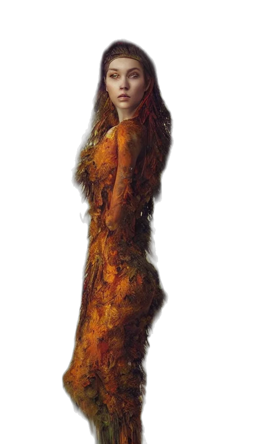 dress, hair, creature, staff transparent PNG cut-out
