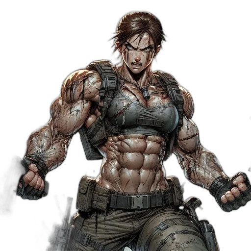 comic book art, concept art, fantasy art, cyberpunk, muscular, female, warrior, equipped transparent PNG cut-out