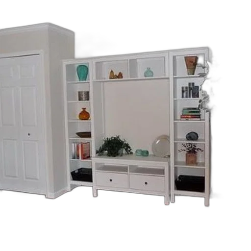 furniture, 3d render, modern, living, room, white, bookshelves, potted transparent PNG cut-out