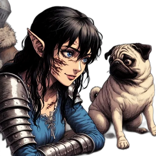 dragon, fantasy art, comic book art, concept art, photorealistic, elfin-featured, woman, scarred transparent PNG cut-out