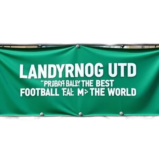 green, banner, white, text, hanging, building, reads, landyrnog transparent PNG cut-out