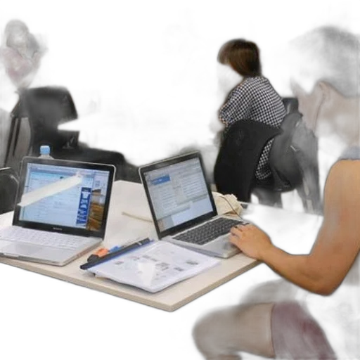 staff, 3d render, group, students, working, laptops, classroom, setting transparent PNG cut-out