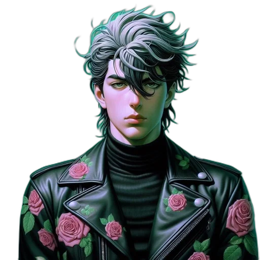 jacket, face, flower, creature, vaporwave, cyberpunk, concept art, comic book art transparent PNG cut-out