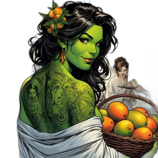comic book art, concept art, fantasy art, green, green-skinned, woman, orange-adorned, hairstyle transparent PNG cut-out