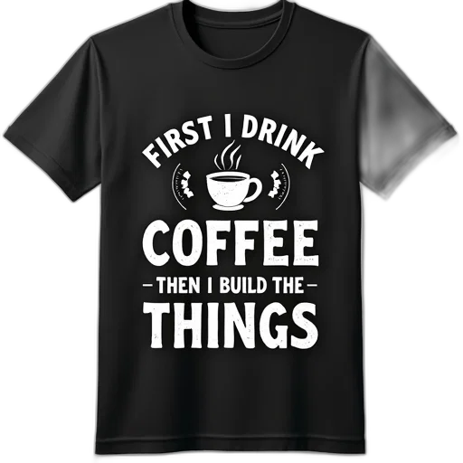 black, t-shirt, graphic, design, reads, first, drink, coffee transparent PNG cut-out