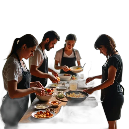 staff, food, photorealistic, group, people, gathered, around, table transparent PNG cut-out