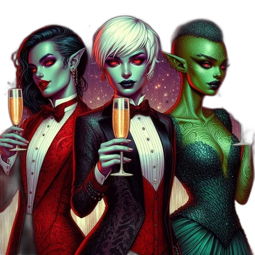 concept art, fantasy art, comic book art, cyberpunk, outer space, three, female, figures transparent PNG cut-out