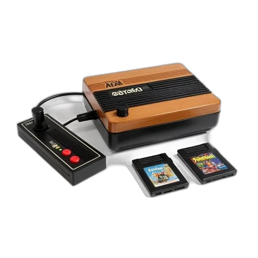 vintage, atari, 2600, game, console, wooden, casing, black transparent PNG cut-out