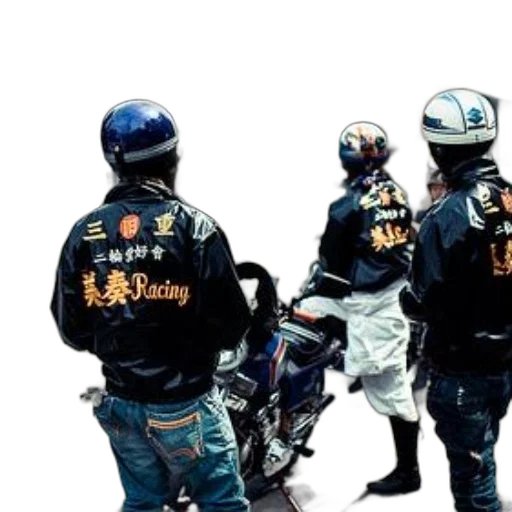 jacket, staff, concept art, photorealistic, three, motorcyclists, wearing, racing transparent PNG cut-out