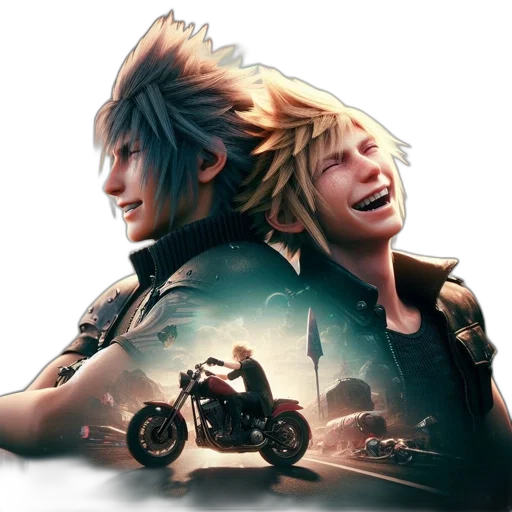 concept art, two, animated, spiky-haired, characters, one, blue, blonde transparent PNG cut-out