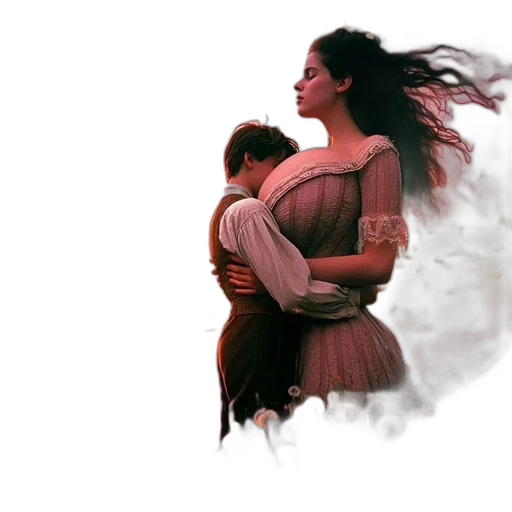 concept art, photorealistic, fog, fire, rain, snow, couple, embraces transparent PNG cut-out