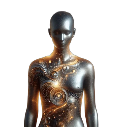 jewelry, robot, dress, 3d render, concept art, cyberpunk, outer space, illuminated transparent PNG cut-out