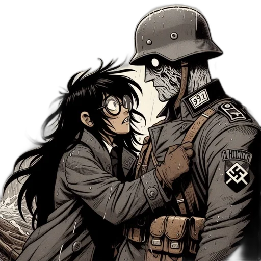 comic book art, concept art, watercolor, anime, war-torn, locale, woman, yearns transparent PNG cut-out