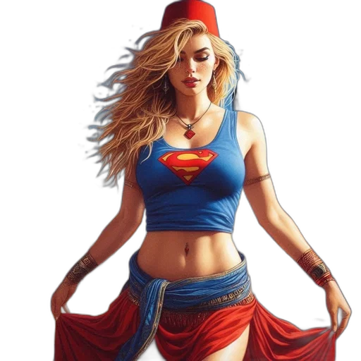comic book art, fantasy art, concept art, oil painting, woman, blonde, hair, superman-themed transparent PNG cut-out