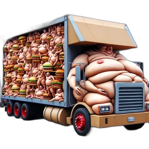 food, concept art, photorealistic, enormous, hamburger-adorned, figure, shaped, like transparent PNG cut-out