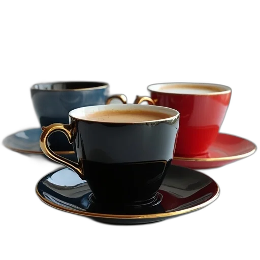 3d render, photorealistic, dark, three, coffee, cups, saucers, one transparent PNG cut-out