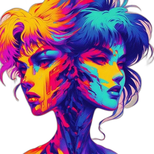face, mask, hair, cyberpunk, fantasy art, vaporwave, watercolor, neon lights transparent PNG cut-out