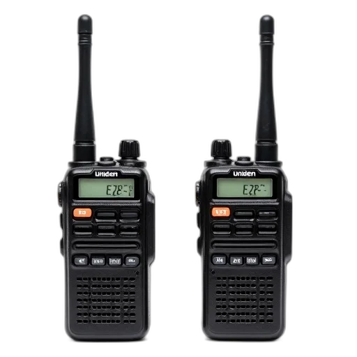 two, identical, black, walkie-talkies, brand, name, uniden, top transparent PNG cut-out