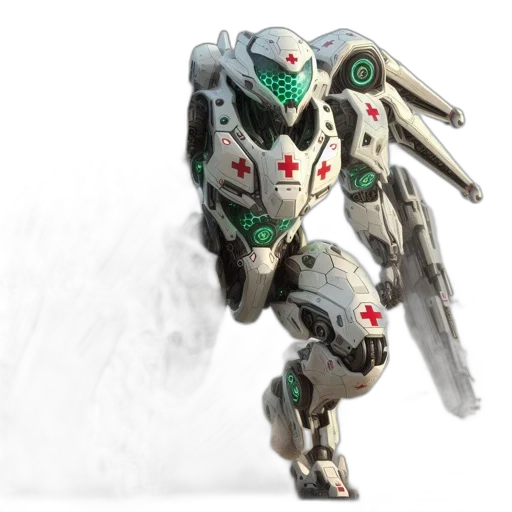 robot, weapon, dragon, concept art, 3d render, detailed, white, green transparent PNG cut-out