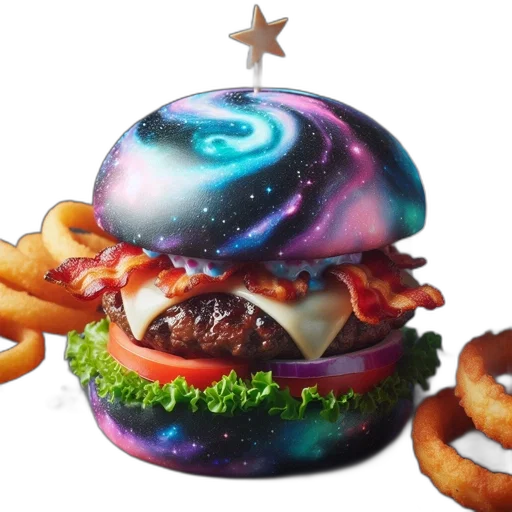 food, crown, photorealistic, 3d render, vaporwave, concept art, outer space, vividly transparent PNG cut-out