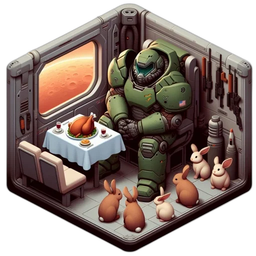 robot, food, pixel art, concept art, 3d render, outer space, green, inside transparent PNG cut-out