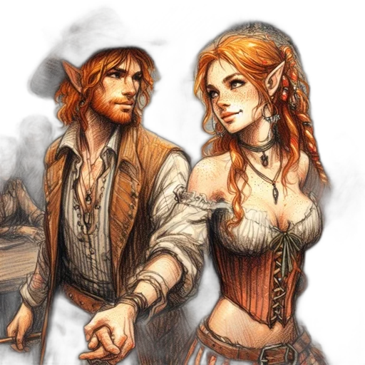 fantasy art, concept art, comic book art, watercolor, fire, cozy, tavern, couple transparent PNG cut-out
