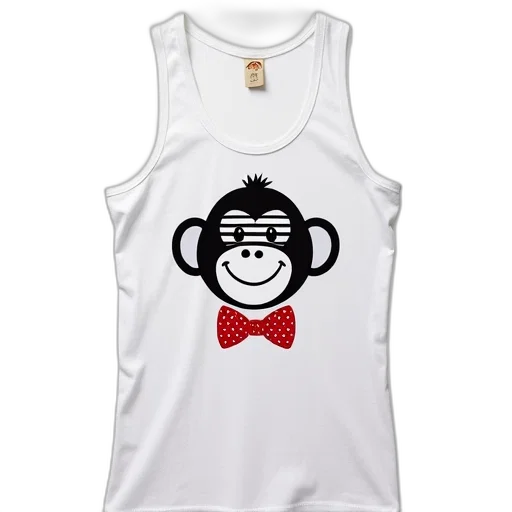 white, tank, top, graphic, smiling, monkey, wearing, bow transparent PNG cut-out
