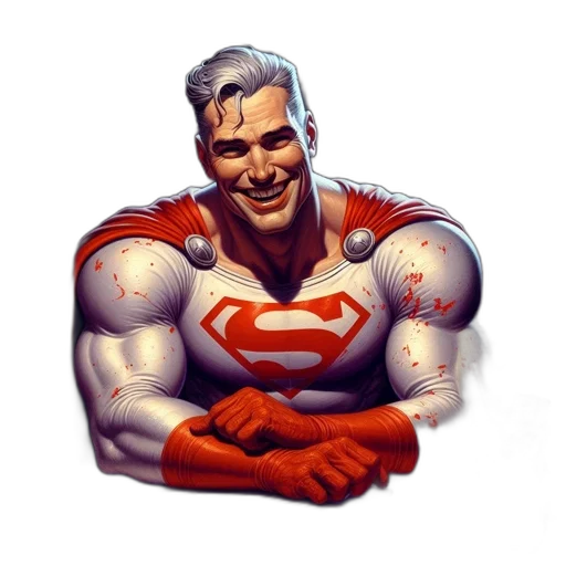 comic book art, concept art, cartoon, photorealistic, aged, superman-costumed, man, enjoys transparent PNG cut-out