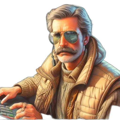 jacket, face, robot, weapon, cyberpunk, concept art, pixel art, vaporwave transparent PNG cut-out