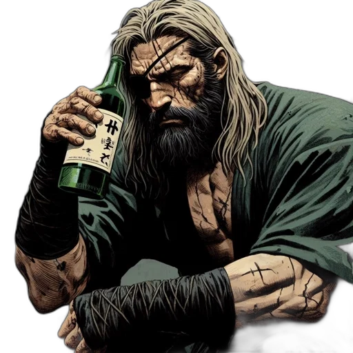 bottle, comic book art, concept art, fantasy art, pixel art, aged, rugged, man transparent PNG cut-out