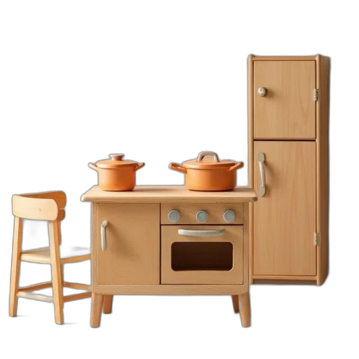 furniture, 3d render, earth tones, golden, wooden, pretend, kitchen, set transparent PNG cut-out