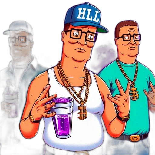 cartoon, concept art, pixel art, vaporwave, three, characters, king, hill transparent PNG cut-out