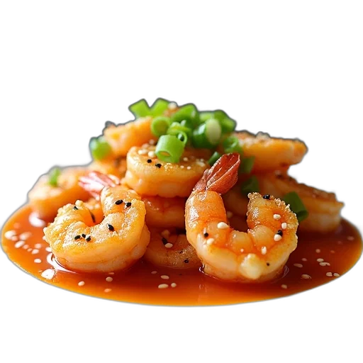 food, photorealistic, 3d render, plate, shrimp, sweet, sour, sauce transparent PNG cut-out