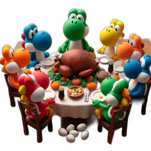 food, 3d render, concept art, assortment, yoshi, characters, each, uniquely transparent PNG cut-out