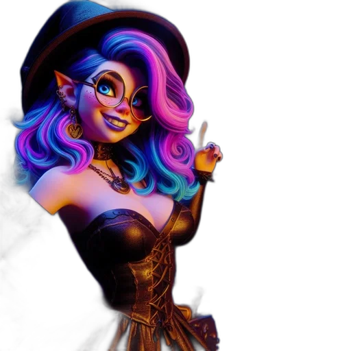 hat, dress, concept art, fantasy art, cartoon, 3d render, dark, colorful transparent PNG cut-out