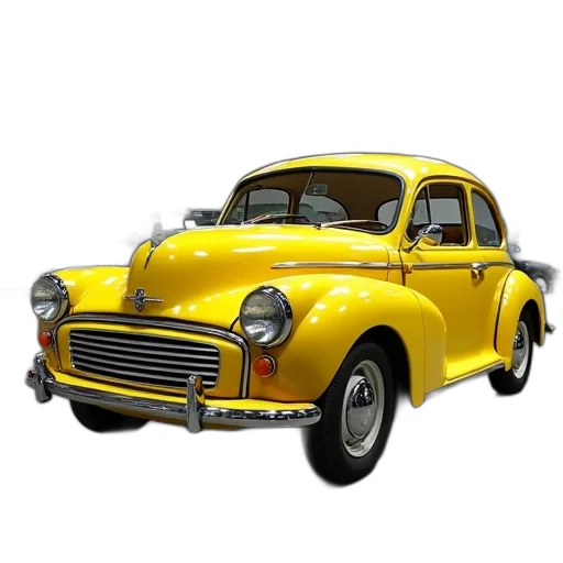 car, photorealistic, 3d render, concept art, yellow, vintage, parked, garage transparent PNG cut-out
