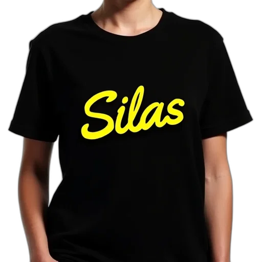 3d render, black, t-shirt, word, silas, yellow, cursive, font transparent PNG cut-out