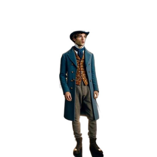 hat, jacket, staff, face, concept art, 3d render, photorealistic, blue transparent PNG cut-out