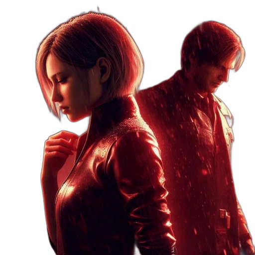 jacket, concept art, cyberpunk, comic book art, red, two, individuals, one transparent PNG cut-out