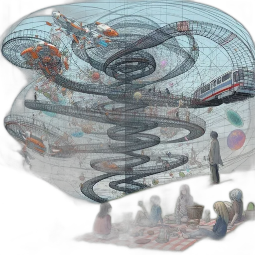 concept art, outer space, surreal, image, various, objects, people, interwoven transparent PNG cut-out