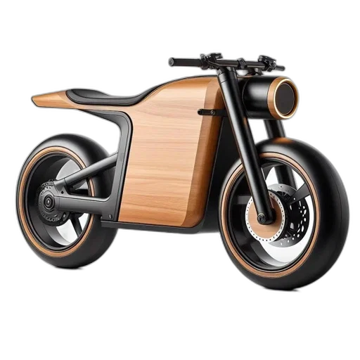furniture, 3d render, concept art, photorealistic, modern, wooden-bodied, motorcycle, large transparent PNG cut-out