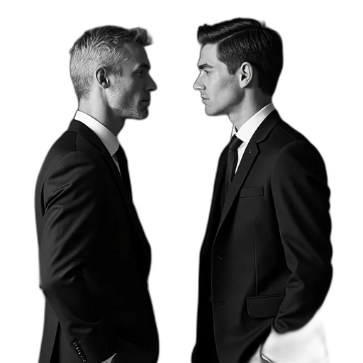 staff, face, photorealistic, monochrome, black, white, photograph, two transparent PNG cut-out