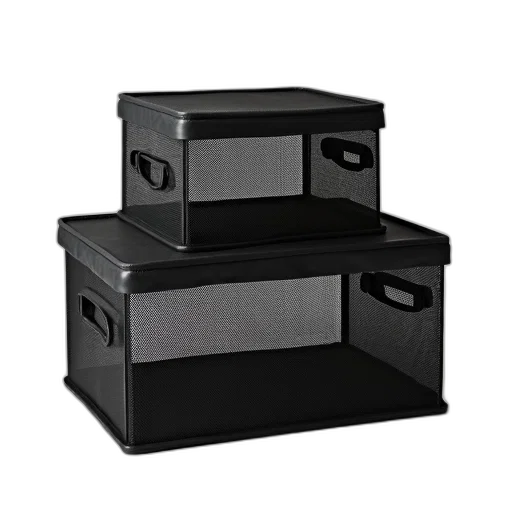 furniture, 3d render, set, three, black, mesh, storage, boxes transparent PNG cut-out
