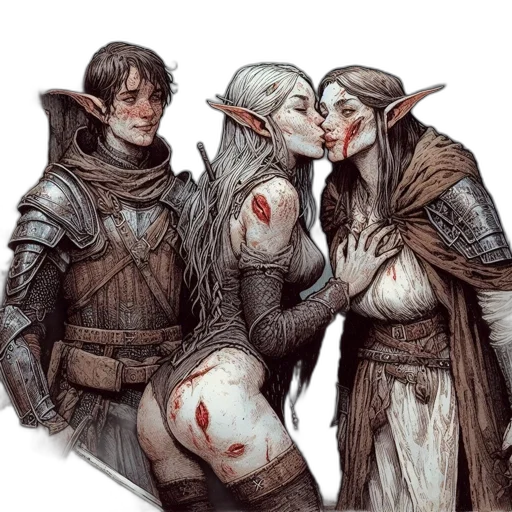 fantasy art, concept art, comic book art, watercolor, fire, three, elvish, characters transparent PNG cut-out