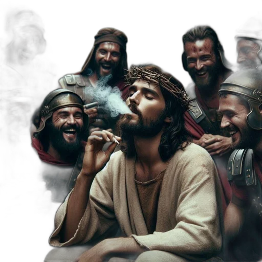 concept art, photorealistic, fire, central, figure, portrayed, jesus, smokes transparent PNG cut-out