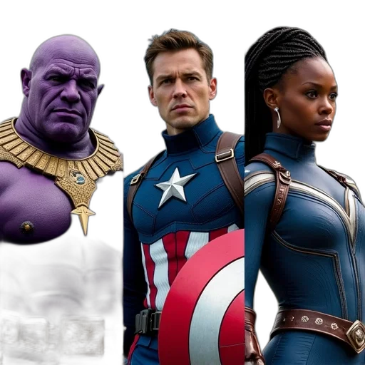 comic book art, concept art, side-by-side, comparison, three, characters, marvel, cinematic transparent PNG cut-out