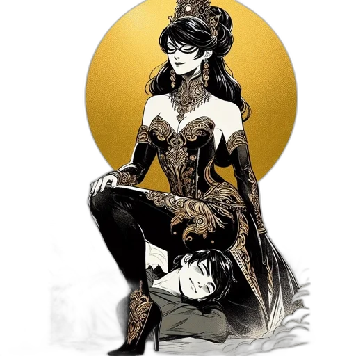 dress, crown, mask, comic book art, fantasy art, concept art, watercolor, dark transparent PNG cut-out